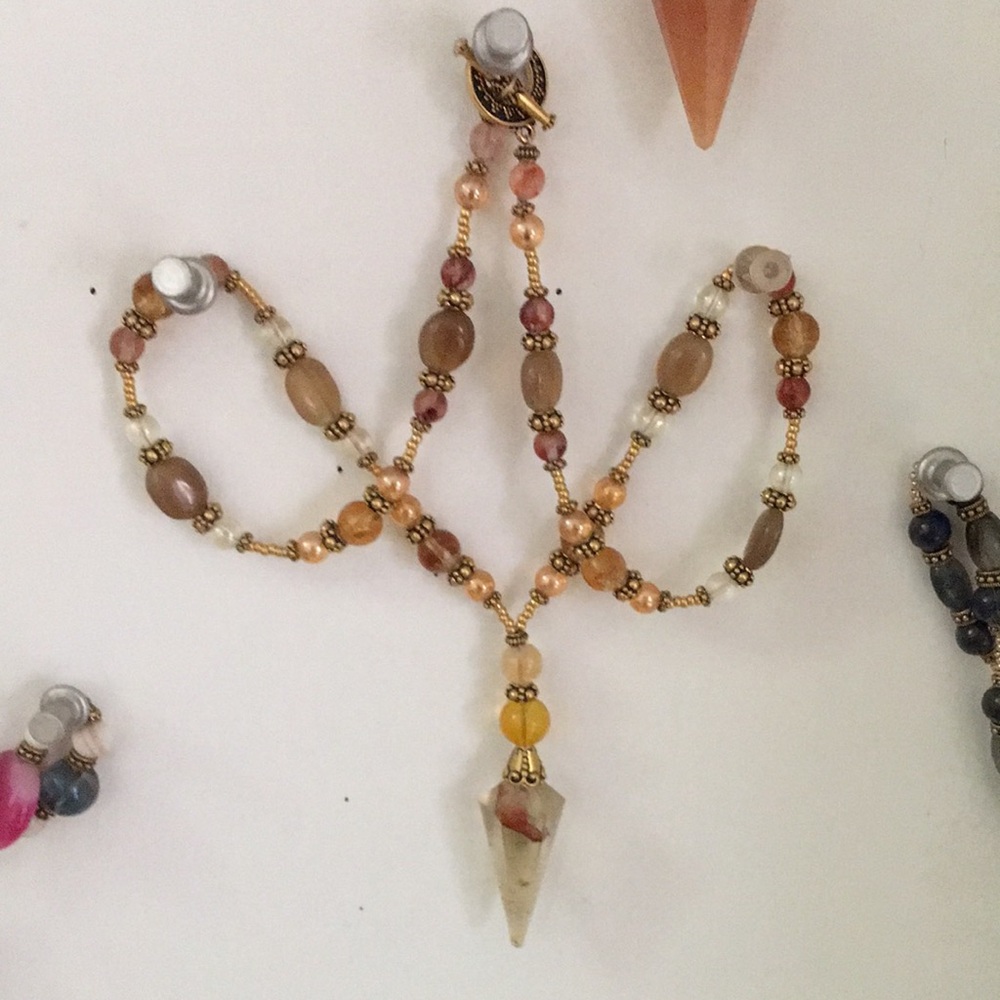 Hematite Quartz and Gold Aura Quartz Crystal Necklace Handmade One of a Kind